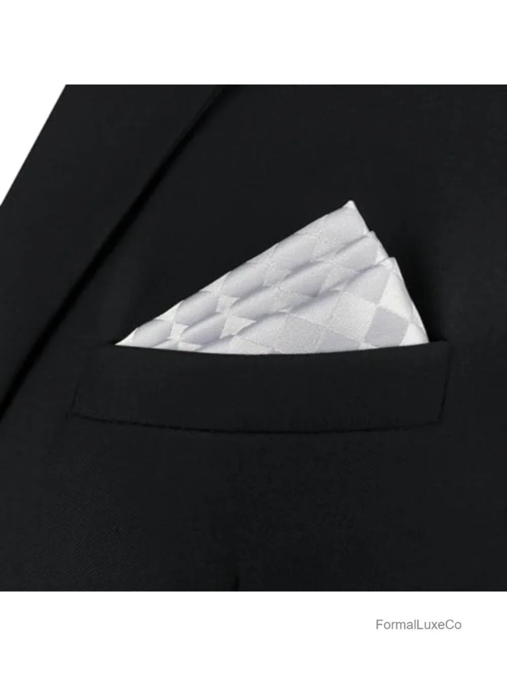 Men's Satin Pocket Square Light Grey Silver Off White Checkered Rhombic